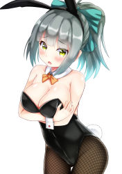 Rule 34 | 10s, 1girl, alternate costume, animal ears, bare shoulders, black pantyhose, blush, bow, bowtie, breasts, brown eyes, cleavage, detached collar, ebi 193, fake animal ears, fishnet pantyhose, fishnets, hair bow, hairband, kantai collection, large breasts, leotard, looking at viewer, pantyhose, playboy bunny, ponytail, rabbit ears, rabbit tail, solo, tail, wrist cuffs, yuubari (kancolle)