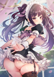 Rule 34 | 1girl, :3, absurdres, ass, back bow, blush, bow, breasts, corset, curtains, day, dress, falling petals, frilled dress, frilled sleeves, frills, from behind, garter straps, hair ribbon, highres, horinatu, jirai kei, large breasts, long hair, looking at viewer, looking back, maid, maid headdress, original, outdoors, panties, petals, puffy short sleeves, puffy sleeves, purple eyes, purple hair, railing, ribbon, short sleeves, skindentation, sky, smile, solo, sunlight, sweat, thighhighs, twintails, underwear, very long hair, wrist cuffs