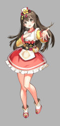 Rule 34 | 1girl, :d, brown eyes, brown hair, chinese new year, dress shoes, full body, girls&#039; frontline, grey background, hair between eyes, hair ornament, hairpin, hanbok, hand on own chest, happy new year, highres, k2 (girls&#039; frontline), korean clothes, lim jaejin, long hair, long sleeves, looking at viewer, new year, open mouth, outstretched arm, pouch, simple background, smile, solo