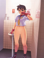 Rule 34 | 1990s (style), 1girl, artist request, bathroom, bottomless, breasts, capcom, censored, highres, humiliation, kasugano sakura, no panties, pussy, retro artstyle, sailor collar, school uniform, shoes, sneakers, solo, street fighter, street fighter ii (series), sweat, tagme, tears