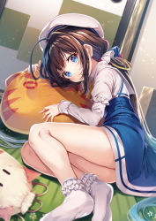 Rule 34 | 1girl, ahoge, beret, blue dress, blue eyes, blush, bobby socks, brown hair, commentary request, dress, gurasion (gurasion), hat, hinatsuru ai, indoors, layered sleeves, long hair, long sleeves, looking at viewer, low twintails, lying, no shoes, on floor, on side, parted lips, puffy short sleeves, puffy sleeves, ryuuou no oshigoto!, school uniform, short over long sleeves, short sleeves, sleeves past wrists, socks, soles, solo, thighs, twintails, very long hair, white hat, white socks