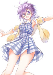 Rule 34 | 1girl, :d, absurdres, armpits, blush, bow, dress, fate/grand order, fate (series), glasses, hair bow, highres, jacket, looking at viewer, mash kyrielight, mash kyrielight (senpai killer outfit), narumiya (empty cafe), official alternate costume, open mouth, outstretched arms, plaid, plaid dress, purple eyes, purple hair, short hair, simple background, sleeveless, sleeveless dress, smile, solo, spiked hair, white background, yellow jacket