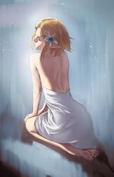 Rule 34 | 1girl, back, bare arms, bare legs, bare shoulders, barefoot, blonde hair, blue eyes, closed eyes, dress, feet, flower, frown, hair flower, hair ornament, highres, kneeling, nintendo, pointy ears, pomelomelon, princess zelda, short hair, soles, solo, the legend of zelda, the legend of zelda: tears of the kingdom, toes, topless