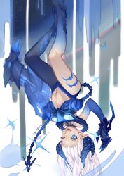 Rule 34 | + +, 1girl, 903506307, :d, ;d, absurdres, blue eyes, claw (weapon), claws, diabla (elsword), elsword, highres, horns, legs, long hair, looking at viewer, luciela r. sourcream, navel, one eye closed, open mouth, pointy ears, revealing clothes, smile, solo, symbol-shaped pupils, tail, upside-down, weapon, white hair