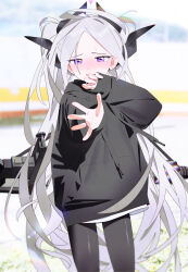 Rule 34 | 1girl, absurdres, ahoge, alternate costume, black pantyhose, black sweater, blue archive, blurry, blush, bm tol, casual, commentary request, covering own mouth, demon girl, demon horns, depth of field, embarrassed, forehead, gun, halo, highres, hina (blue archive), hood, hooded sweater, horns, jewelry, long hair, long sleeves, looking at viewer, machine gun, mg42, one side up, outdoors, pantyhose, parted bangs, purple eyes, ring, sidelocks, solo, sweater, wavy hair, weapon, weapon on back, wedding ring, white hair