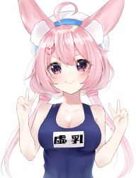 Rule 34 | 1girl, absurdres, ahoge, animal ear fluff, animal ears, arms up, breasts, cleavage, double v, hair ornament, hairclip, hat, highres, long hair, low twintails, nemun (tamizzz), one-piece swimsuit, pink eyes, pink hair, rabbit ears, school swimsuit, simple background, smile, solo, swimsuit, tomari mari, tomari mari channel, twintails, upper body, v, virtual youtuber, white background, white hat