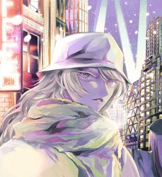 Rule 34 | 2girls, alternate costume, aratsuta (aoedou), back, blue hair, breath, bucket hat, cityscape, coat, earrings, green eyes, hat, highres, jewelry, kantai collection, long eyelashes, long hair, multiple girls, neon lights, night, outstretched arms, red hair, scarf, snowing, south dakota (kancolle), washington (kancolle), white coat, white hair, white headwear