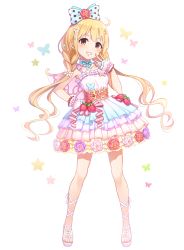 Rule 34 | 10s, 1girl, bad id, bad pixiv id, blonde hair, bow, breasts, brown eyes, dress, flower, food, fruit, full body, futaba anzu, hair bow, hair ornament, highres, idolmaster, idolmaster cinderella girls, idolmaster cinderella girls starlight stage, long hair, looking at viewer, low twintails, no socks, revision, simple background, small breasts, smile, solo, strawberry, twintails, yuuhi (ages)