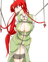Rule 34 | 1girl, arms behind back, bdsm, blue eyes, blush, bondage, bound, braid, breasts, cleavage, gagged, highres, hong meiling, large breasts, long hair, niwatazumi, open clothes, open shirt, red hair, rope, shibari, shibari over clothes, shirt, sketch, solo, touhou, twin braids