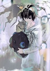 Rule 34 | 1boy, animal, animal ears, black eyes, black hair, blubbering toad (project moon), closed mouth, coat, e.g.o (project moon), fox boy, fox ears, fox tail, gapamopa, highres, holding, holding animal, hood, hood down, hooded coat, limbus company, male focus, project moon, rain, solo, tail, umbrella, white coat, white raincoat, yi sang (project moon)