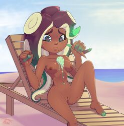 Rule 34 | 1girl, artist name, barefoot, beach, beach chair, blue sky, breasts, cephalopod eyes, cleft of venus, clenched hand, clitoral hood, clitoris, closed mouth, cloud, collarbone, completely nude, dark-skinned female, dark skin, day, dripping, feet, female focus, food on body, food on breasts, gradient hair, green eyes, green hair, hands up, highres, holding, holding ice cream cone, horizon, ice cream cone, knee up, legs, long hair, looking down, marina (splatoon), medium breasts, mint chocolate, mole, mole under mouth, multicolored hair, navel, nintendo, nipples, nude, ocean, octoling, outdoors, pink pupils, pinky out, purple hair, pussy, raised eyebrows, shiny skin, sidelocks, signature, sky, solo, spill, splatoon (series), splatoon 2, stomach, suction cups, tentacle hair, tentacles, thighs, throat (artist), two-tone hair, uncensored