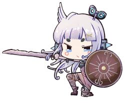 Rule 34 | 1girl, alternate costume, and uge, blue eyes, blunt bangs, brown dress, brown footwear, chibi, closed mouth, dress, frown, full body, grey hair, hair ornament, hairpods, highres, holding, holding shield, holding sword, holding weapon, long hair, looking at viewer, medium bangs, nanashi inc., on one knee, shield, shoes, simple background, solo, sword, thick eyebrows, touki31249960, transparent background, v-shaped eyebrows, virtual youtuber, weapon, winding key, x hair ornament