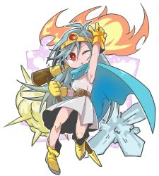 Rule 34 | 1girl, arm up, blue cape, blue hair, boots, cape, circlet, dragon quest, dragon quest iii, dress, fire, full body, gem, gloves, hair between eyes, holding, holding staff, ice, jamir, legs apart, long hair, one eye closed, open mouth, outline, red eyes, sage (dq3), sleeveless, sleeveless dress, solo, staff, v-shaped eyebrows, white dress, white outline, yellow footwear, yellow gloves