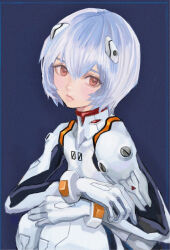 Rule 34 | 1girl, absurdres, ayanami rei, blue hair, blush, bodysuit, commentary, hair between eyes, headgear, highres, interface headset, lips, looking at viewer, neon genesis evangelion, pilot suit, plugsuit, red eyes, science fiction, shiren (ourboy83), short hair, simple background, solo, white bodysuit