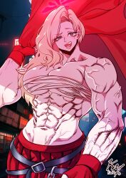 1girl abs akemi_(blue_archive) akemi_(blue_archive) asymmetrical_hair blonde_hair blue_archive breasts chest_sarashi cropped_legs delinquent gloves hair_intakes halo kimyawang kimyawang large_breasts long_hair mole mole_under_eye muscular muscular_female night open_mouth outdoors red_gloves red_halo sarashi standing sukeban veins veiny_arms