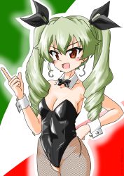 Rule 34 | 1girl, absurdres, anchovy (girls und panzer), black leotard, black pantyhose, black ribbon, bow, bowtie, breasts, cleavage, collar, commentary, cowboy shot, dated, detached collar, drill hair, drops mint, fishnet pantyhose, fishnets, girls und panzer, green background, green hair, hair ribbon, hand on own hip, highres, index finger raised, leotard, long hair, looking at viewer, medium breasts, multicolored background, open mouth, outline, pantyhose, playboy bunny, red background, red eyes, ribbon, side-tie leotard, smile, solo, standing, strapless, strapless leotard, twin drills, twintails, twitter username, white collar, white outline, wing collar, wrist cuffs