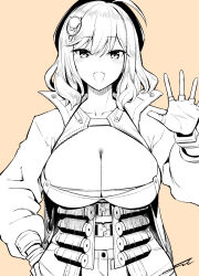 Rule 34 | 1girl, ahoge, ammunition, ammunition belt, anis (nikke), beret, blush, breasts, cat hair ornament, cleavage, fingerless gloves, fue (rhomphair), gloves, goddess of victory: nikke, greyscale with colored background, hair ornament, hat, highres, jacket, large breasts, long sleeves, looking at viewer, open clothes, open jacket, open mouth, short hair, smile, solo, underbust, waving, yellow background