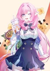 Rule 34 | 1girl, ;d, absurdres, black skirt, blue eyes, breasts, brown background, bubble tea, center frills, commentary request, cowboy shot, cup, disposable cup, drinking straw, elysia (coco) (honkai impact), elysia (honkai impact), eyebrows hidden by hair, flower, frilled skirt, frills, hair intakes, high-waist skirt, highres, holding, holding cup, honkai (series), honkai impact 3rd, large breasts, long hair, long sleeves, looking at viewer, one eye closed, open mouth, pink hair, pointy ears, seele (ffva7257), shirt, skirt, smile, solo, standing, teeth, upper teeth only, very long hair, white shirt, yellow flower