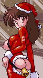 Rule 34 | 1girl, anal, anal object insertion, ass, ass cutout, bell, blush, breasts, brown eyes, brown hair, christmas, clothing cutout, dress, from behind, fur-trimmed dress, fur trim, hat, hissatsu pachinko collection, large breasts, long hair, long sleeves, looking at viewer, looking back, nipples, object insertion, pixel art, pom pom (clothes), red dress, red headwear, remi (hissatsu pachinko collection), saiwai hiroshi, santa costume, santa dress, santa hat, smile, standing