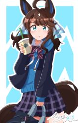 Rule 34 | 1girl, :p, absurdres, ahoge, alternate costume, animal ears, bag, blue background, blush, brown hair, commentary request, cup, daring tact (umamusume), highres, horse ears, horse girl, horse tail, jacket, looking at viewer, matty (matsutomo), medium hair, school uniform, signature, simple background, solo, tail, tongue, tongue out, umamusume