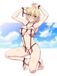 Rule 34 | 1girl, absurdres, areola slip, armpits, arms up, barefoot, bdsm, between labia, blonde hair, blue sky, blush, bondage, bound, breasts, cloud, commentary request, crotch rope, female focus, full body, green eyes, hair between eyes, highres, looking to the side, medium breasts, mizuhashi parsee, nose blush, nude, on one knee, ootsuki wataru, partially visible vulva, pointy ears, shibari, shiny skin, short hair, sky, solo, squatting, sweat, tassel, touhou, white background
