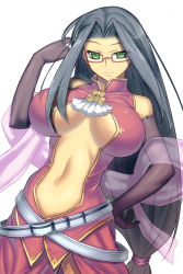 Rule 34 | 1girl, black gloves, black hair, breasts, cleavage, elbow gloves, glasses, gloves, jonylaser, koihime musou, large breasts, long hair, navel, shiny clothes, shuuyu, smile, solo