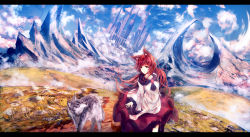 Rule 34 | 1girl, animal ears, blue sky, breasts, brooch, brown eyes, brown hair, castle, cloud, commentary, day, dress, grass, highres, imaizumi kagerou, jewelry, letterboxed, long sleeves, looking at another, looking at viewer, medium breasts, mountain, multicolored clothes, multicolored dress, outdoors, parted lips, red dress, rock, sky, smile, solo, standing, tonan (l0l0l0l0l0l), touhou, white dress, wide sleeves, wolf, wolf ears
