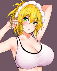 Rule 34 | 1girl, :o, armpits, arms up, bare arms, bare shoulders, blonde hair, blush, breasts, cleavage, collarbone, commentary request, elf, etan14, frills, green eyes, head tilt, highres, large breasts, looking at viewer, maid headdress, open mouth, original, pointy ears, ponytail, purple background, short hair, simple background, solo, sports bra, upper body