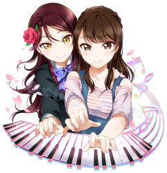 Rule 34 | 2girls, aida rikako, arm around shoulder, artist name, bow, bowtie, brown eyes, brown hair, flower, hair flower, hair ornament, hand on another&#039;s shoulder, instrument, long sleeves, love live!, love live! sunshine!!, multiple girls, music, musical note, overalls, petals, piano keys, playing instrument, playing piano, purple bow, purple bowtie, red hair, rose, sakurauchi riko, shirt, smile, striped clothes, striped shirt, surfing orange, upper body, voice actor connection, watermark, yellow eyes