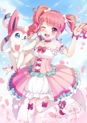 Rule 34 | animal, animal on head, bang dream!, blue eyes, bow, bow legwear, bowtie, braid, commentary, creatures (company), dress, eevee, english commentary, evolutionary line, footwear bow, forked tail, game freak, gen 1 pokemon, gen 6 pokemon, hair ornament, hair ribbon, hairband, image sample, jewelry, lolita fashion, looking at viewer, maruyama aya, neckerchief, necklace, nintendo, on head, pantyhose, pantyhose under shorts, pastel palettes (bang dream!), pink dress, pink eyes, pink hair, pink neckerchief, pokemon, puffy short sleeves, puffy sleeves, ribbon, ribbon-trimmed clothes, ribbon-trimmed legwear, ribbon-trimmed sleeves, ribbon trim, runeko, short sleeves, shorts, side braids, sylveon, tail, thighhighs, twintails, white dress, white hairband, wrist bow