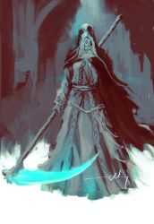 Rule 34 | 1girl, absurdres, ashes of ariandel, cape, closed mouth, commentary, dark souls (series), dark souls iii, dress, english commentary, facing viewer, habit, highres, holding, holding scythe, holding weapon, hood, hood up, nun, scythe, shimhaq, sister friede, solo, weapon
