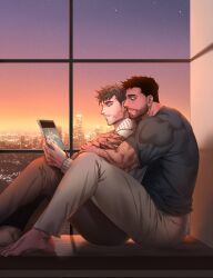 Rule 34 | 2boys, bara, barefoot, beard, black hair, brown hair, city, cuddling, dobek k, facial hair, hairy, highres, hug, implied yaoi, male focus, manly, mature male, multiple boys, muscular, muscular male, original, pants, scar, shirt, short hair, sitting, sky, star (sky), sunset, tablet pc, thick arms, thick eyebrows, thick thighs, thighs, window