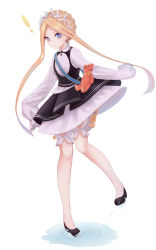Rule 34 | !, 1girl, abigail williams (fate), abigail williams (festival outfit) (fate), black dress, black footwear, blonde hair, bloomers, bow, braid, closed mouth, collared dress, commentary request, dress, fate/grand order, fate (series), forehead, full body, highres, long hair, long sleeves, official alternate costume, orange bow, parted bangs, puddle, shirt, shoes, sleeveless, sleeveless dress, sleeves past fingers, sleeves past wrists, solo, standing, standing on one leg, stuffed animal, stuffed toy, teddy bear, underwear, ushi uta, v-shaped eyebrows, very long hair, water, white background, white bloomers, white shirt