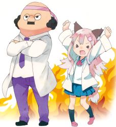 Rule 34 | &gt; &lt;, 1boy, 1girl, animal ears, arms up, bald, blue skirt, crossed arms, closed eyes, facial hair, headband, long hair, mustache, namo (goodbyetears), necktie, open mouth, pink hair, pleated skirt, shoes, skirt, socks, standing, tail, white background