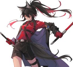 Rule 34 | 1girl, animal ears, arknights, belt, black hair, black jacket, black necktie, black shorts, breasts, closed mouth, collared shirt, commentary, cowboy shot, dress shirt, ear piercing, erhuo, floating hair, formal, gloves, holding, holding sword, holding weapon, holster, jacket, long hair, medium breasts, multicolored hair, necktie, official alternate costume, open clothes, open jacket, piercing, ponytail, red eyes, red gloves, red hair, red shirt, reverse grip, shirt, shorts, simple background, solo, strap, suit, sword, symbol-only commentary, tail, texas (arknights), texas (willpower) (arknights), thigh holster, thigh strap, two-tone hair, weapon, white background, white belt, wing collar, wolf ears, wolf tail