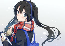 Rule 34 | 1girl, backpack, bag, black hair, black jacket, blue eyes, blush, cellphone, closed mouth, commentary request, enpera, fingernails, fringe trim, gotyou, hair between eyes, headphones, highres, holding, holding hair, holding phone, jacket, long hair, long sleeves, looking at viewer, looking to the side, nail polish, original, phone, pink nails, scarf, sleeves past wrists, smartphone, solo, twintails, twintails day