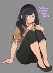 Rule 34 | 1girl, 2020, agawa ryou, artist name, black hair, black pants, blue eyes, collarbone, commentary, dated, grey background, legs together, long hair, looking at viewer, original, pants, raised eyebrows, signature, simple background, solo
