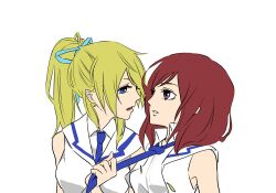 Rule 34 | 2girls, ayase eli, blonde hair, blue eyes, blue necktie, breasts, commentary request, eye contact, kashikaze, long hair, looking at another, love live!, love live! school idol project, medium breasts, medium hair, multiple girls, necktie, necktie grab, neckwear grab, nishikino maki, open mouth, parted lips, ponytail, purple eyes, red hair, sailor collar, shirt, simple background, sleeveless, sleeveless shirt, teeth, upper body, upper teeth only, white background, white sailor collar, white shirt, yuri