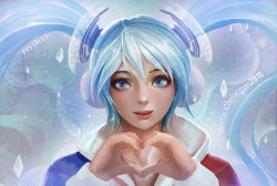 Rule 34 | 10s, 1girl, 2015, blue eyes, blue hair, character name, coat, earmuffs, hatsune miku, heart, heart hands, ice, looking at viewer, matching hair/eyes, merry christmas, simple background, smile, solo, spectral, turewindwalker, twintails, upper body, vocaloid