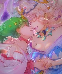 Rule 34 | 2girls, bare shoulders, blonde hair, blunt bangs, breasts, choker, cleavage, closed eyes, closed mouth, commentary request, detached sleeves, dress, floating hair, frilled sleeves, frills, glint, green hair, hair ornament, highres, holding hands, jewelry, kimidori (kimidoriri), large breasts, long hair, macross, macross frontier, magatama, magatama hair ornament, magatama necklace, medium hair, multiple girls, necklace, off-shoulder dress, off shoulder, parted lips, pink nails, profile, purple dress, ranka lee, sheryl nome, sidelocks, smile, upper body, white dress, yuri