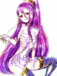 Rule 34 | 1girl, arc system works, blazblue, blazblue: central fiction, grin, hades izanami, hair ornament, long hair, looking at viewer, mikado (blazblue), miyama (lacrima01), nude, ponytail, purple hair, red eyes, skeleton, sketch, smile, solo, thighhighs, very long hair, x-ray
