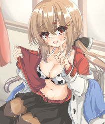 1girl, animal print, bikini, bikini top, bikini under clothes, black bow, black footwear, black skirt, blue shawl, boots, bow, breasts, brown eyes, brown hair, brown legwear, cleavage, cow print, hair bow, index finger raised, jacket, kantai collection, kasashi (kasasi008), long hair, looking at viewer, low twintails, medium breasts, open clothes, pantyhose, pleated skirt, red shirt, ribbon trim, shawl, shirt, skirt, smile, solo, swimsuit, swimsuit under clothes, tashkent (kancolle), thigh boots, thighhighs, twintails, white bikini, white jacket