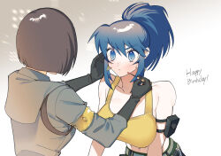 Rule 34 | 2girls, applying makeup, arm pouch, bare shoulders, blue hair, brown hair, earrings, gloves, highres, jewelry, leona heidern, makeup, military, military uniform, multiple girls, otoseto, ponytail, short hair, tank top, the king of fighters, the king of fighters xv, triangle earrings, uniform, whip (kof), yellow tank top