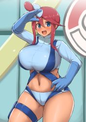 Rule 34 | 1girl, absurdres, alternate breast size, arm up, blue eyes, blue gloves, blue jacket, blue shorts, blush, breasts, cowboy shot, creatures (company), crop top, cropped jacket, curvy, game freak, globes, gloves, gym leader, hair between eyes, hair ornament, hand on own hip, hand to forehead, highres, huge breasts, indoors, jacket, long hair, long sleeves, midriff, navel, nintendo, pokemon, pokemon bw, pouch, red hair, shiny skin, short shorts, shorts, sidelocks, skindentation, skyla (pokemon), solo, standing, stomach, suspenders, thigh pouch, thigh strap, turtleneck, v-shaped eyebrows, yamaori