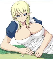Rule 34 | 1girl, blonde hair, blue eyes, breasts, cleavage, forest, giant, giantess, huge breasts, jpeg artifacts, lying, maid, nature, pointy ears, residence, terada ochiko