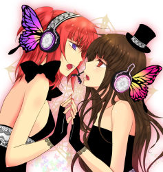 Rule 34 | 2girls, brown hair, butterfly wings, eye contact, face-to-face, fingerless gloves, gloves, hat, headphones, headset, insect wings, isya, looking at another, magnet (vocaloid), mammon (umineko), mini hat, mini top hat, multicolored wings, multiple girls, nail polish, parody, purple eyes, red eyes, red hair, red nails, stakes of purgatory, top hat, umineko no naku koro ni, ushiromiya ange, vocaloid, wings, yuri