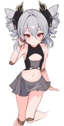 Rule 34 | 1girl, absurdres, bare arms, bare shoulders, closed mouth, commentary request, crop top, drill hair, earrings, feet out of frame, grey hair, grey skirt, hair between eyes, highres, honkai (series), honkai impact 3rd, jewelry, joints, lilithmy, midriff, navel, pleated skirt, prometheus (honkai impact), red eyes, robot joints, simple background, sketch, skirt, solo, twin drills, twintails, white background