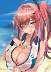 Rule 34 | 1girl, ;p, alternate hairstyle, azur lane, bad id, bad pixiv id, beach, blush, breasts, bremerton (azur lane), bremerton (scorching-hot training) (azur lane), center opening, cleavage, clothes pull, collared shirt, commentary request, covered erect nipples, crop top, crop top overhang, day, ear piercing, hair between eyes, hair intakes, hair ornament, hairclip, hand on own chest, heart, heart-shaped pupils, heart necklace, highres, jewelry, large breasts, long hair, looking at viewer, midriff, mole, mole on breast, mole under eye, multicolored hair, nail polish, necklace, no bra, nose blush, ocean, one eye closed, one side up, outdoors, piercing, pink eyes, pink hair, red nails, revision, see-through, shirt, shirt pull, sidelocks, sky, sleeveless, sleeveless shirt, smile, solo, sportswear, srpzk, streaked hair, sweat, sweatband, symbol-shaped pupils, tennis uniform, tongue, tongue out, twitter username, two-tone shirt, upper body, wet, wet clothes, wet shirt, x hair ornament
