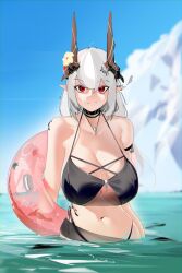 Rule 34 | 1girl, absurdres, arknights, bare shoulders, bikini, black bikini, blue sky, breasts, closed mouth, cloud, collar, collarbone, day, flower, hair flower, hair ornament, highres, holding, holding swim ring, horns, huge breasts, infection monitor (arknights), innertube, jewelry, long hair, looking at viewer, material growth, mudrock (arknights), mudrock (silent night) (arknights), navel, naxius noxy, necklace, ocean, official alternate costume, oripathy lesion (arknights), outdoors, partially submerged, pointy ears, red eyes, see-through, sky, smile, solo, standing, stomach, swim ring, swimsuit, water, white hair, yellow flower