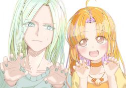 Rule 34 | 1girl, blush, brown eyes, closed mouth, dorara9002, earrings, frown, green eyes, green hair, green nails, hime cut, jewelry, long hair, looking at another, mermaid melody pichi pichi pitch, mikeru (mermaid melody pichi pichi pitch), nail polish, neck ring, necklace, non-web source, orange hair, orange nails, seira (mermaid melody pichi pichi pitch), shell, simple background, smile, sweat, sweatdrop, upper body, white background